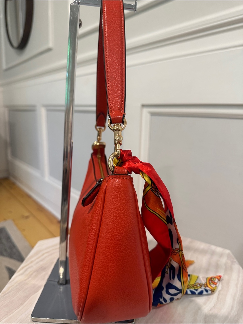 Coach Bag Teri Orange Pebbled Leather Small Shoulder Bag with Scarf Accent - Picture 8 of 17